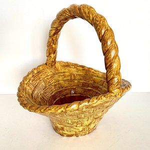 1970s Ceramic Wicker Basket Brown Yellow Twist Handle